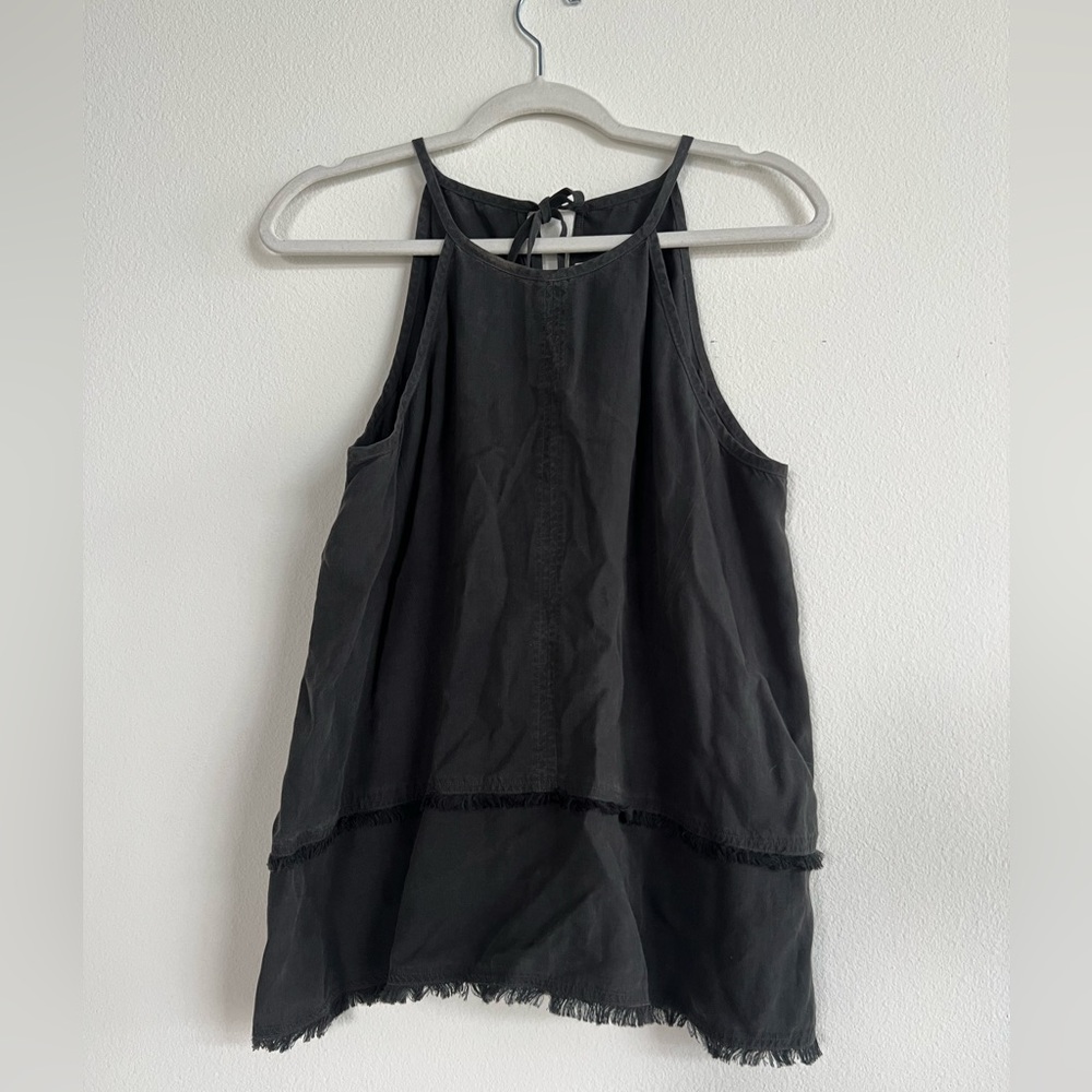 Bella Dahl - Dark Grey Halter Style Tank Top with Fringe - Size Medium